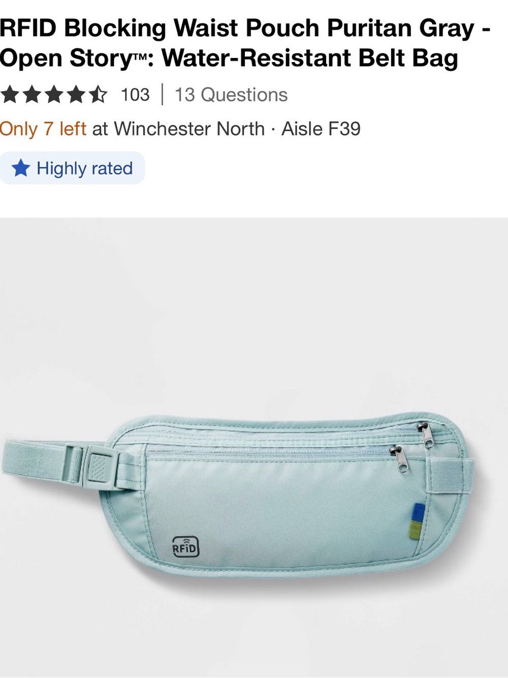 NWOT RFID Blocking Waist Pouch in Sage green blue